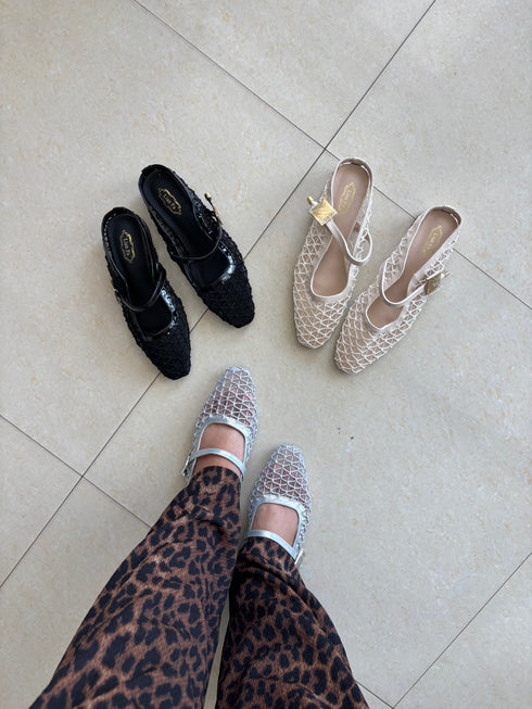 Lace Gauze Slip On Mules